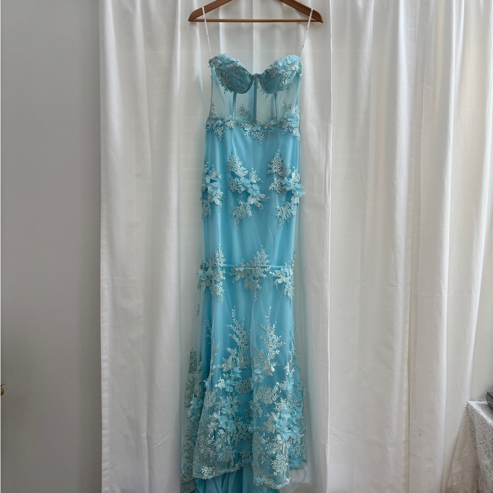 Lulu's Light Aqua Floral Appliqué Mesh Dress